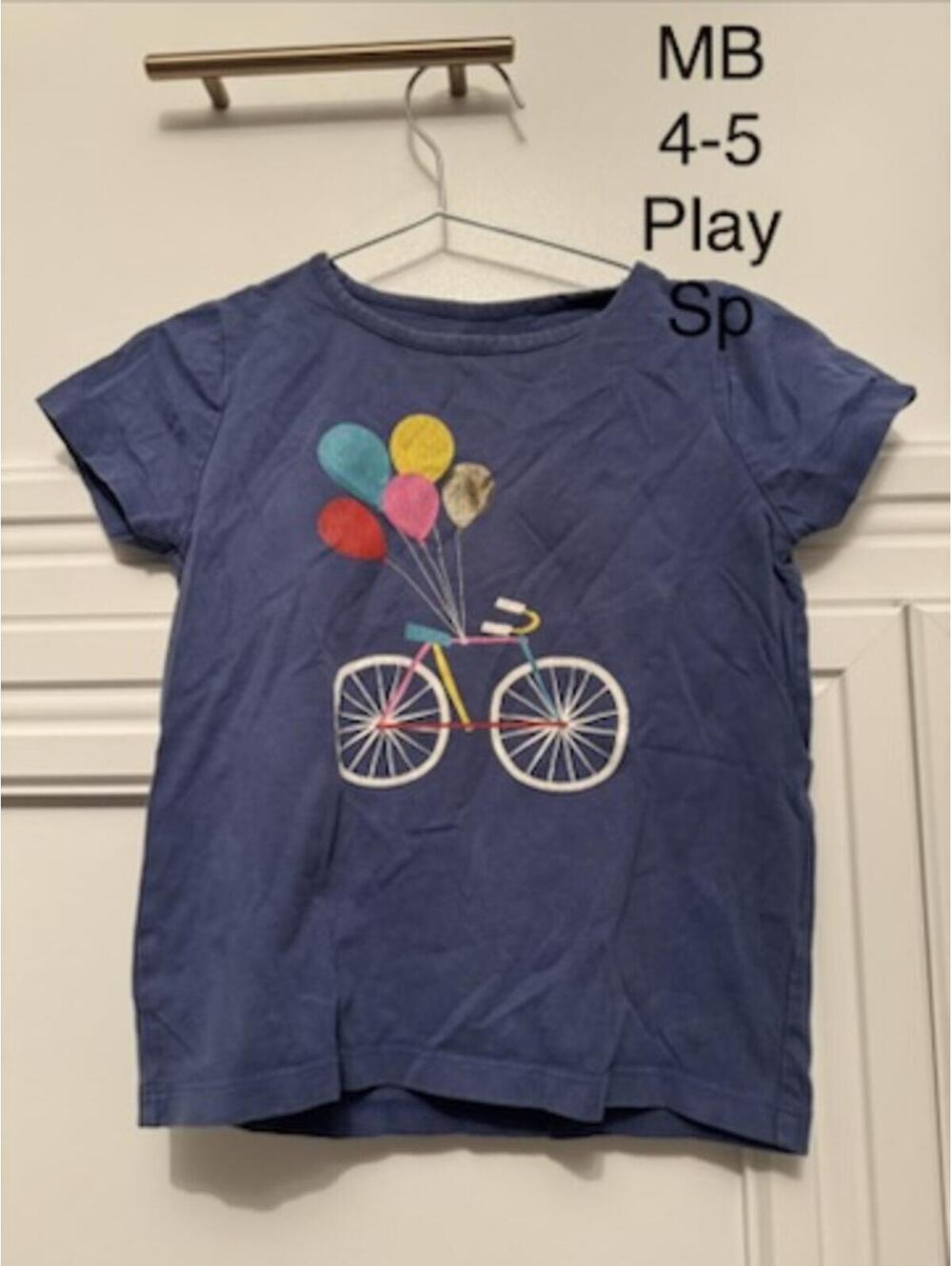 Mini Boden Size 4-5 Blue T-Shirt with Bicycle and Balloons Graphic